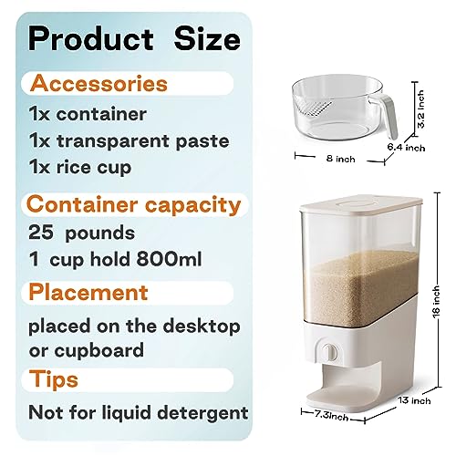 LivLab 22-25lbs Rice Dispenser, 10.5 Qt/10L/25 lbs Grain Storage Container with Measuring Cup Cereal Dispenser Cereal Bucket for Kitchen Pantry Organization - Image 5