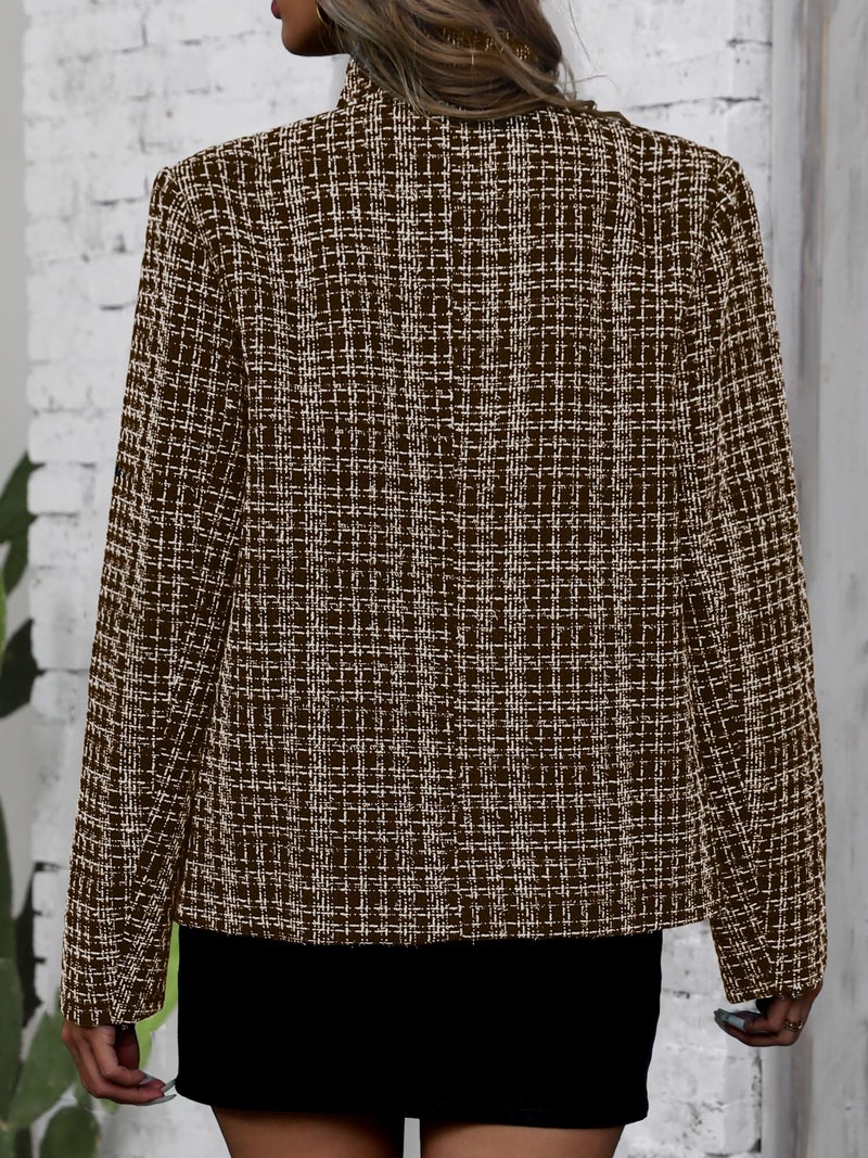 ELLEVEN Womens Blazer Business Casual Suit Jacket Tweed Blazers for Women Slim Fit Fitted Long Sleeve Stand Collar Blazer Dressy Full Lining Coat Cardigan with Padded Shoulder Brown Large - Image 3