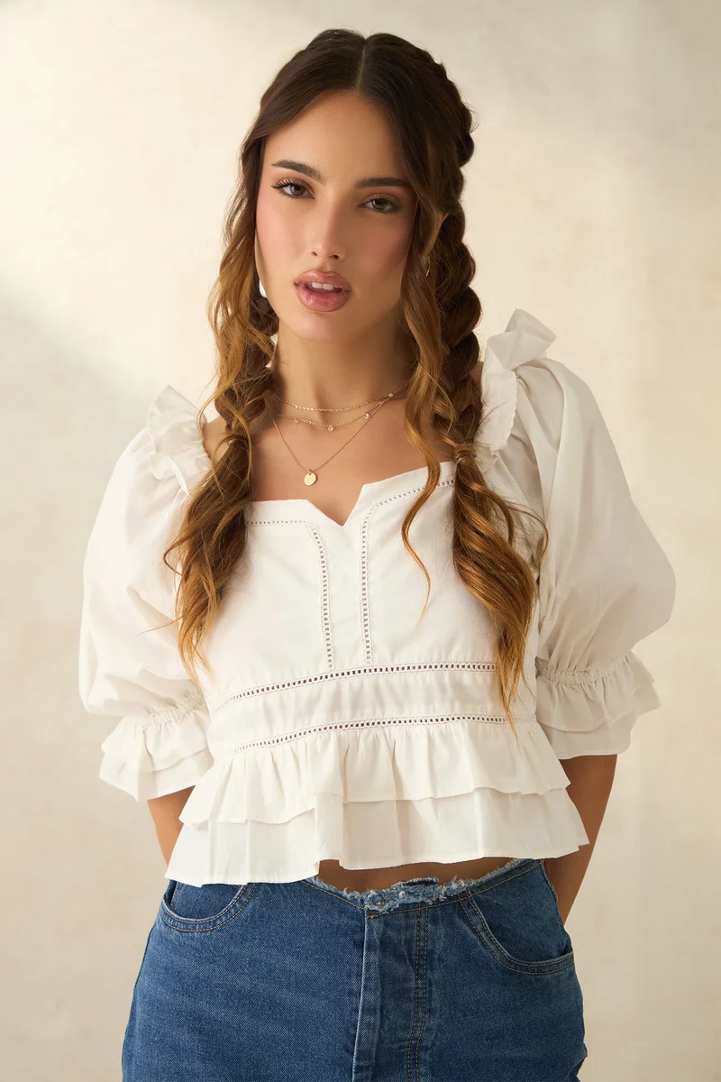Virgio Cotton Ruffled Workwear Lace Tops for Women