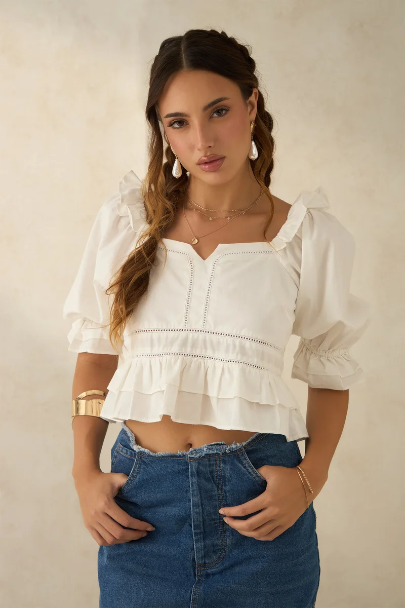 Virgio Cotton Ruffled Workwear Lace Tops for Women