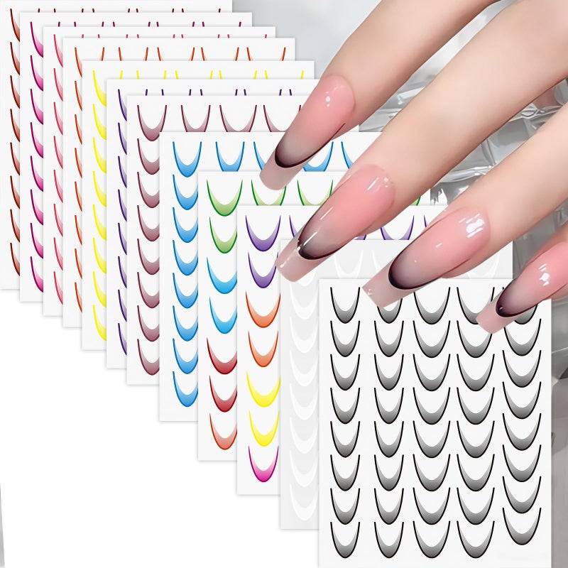 Quezadyl 18Sheets Gradient Color French Tip Line Nail Stickers 3D Self-Adhesive Colorful Geometric Curve Lines Nail Decals Colorful Curved Nail Designs Wave Stripe Guide Nails Supplies for Women DIY Nail Decor - Image 1