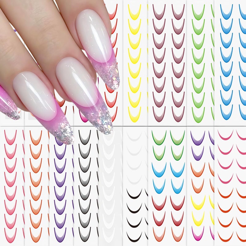 Quezadyl 18Sheets Gradient Color French Tip Line Nail Stickers 3D Self-Adhesive Colorful Geometric Curve Lines Nail Decals Colorful Curved Nail Designs Wave Stripe Guide Nails Supplies for Women DIY Nail Decor - Image 5