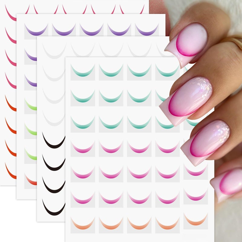 Quezadyl 18Sheets Gradient Color French Tip Line Nail Stickers 3D Self-Adhesive Colorful Geometric Curve Lines Nail Decals Colorful Curved Nail Designs Wave Stripe Guide Nails Supplies for Women DIY Nail Decor - Image 2