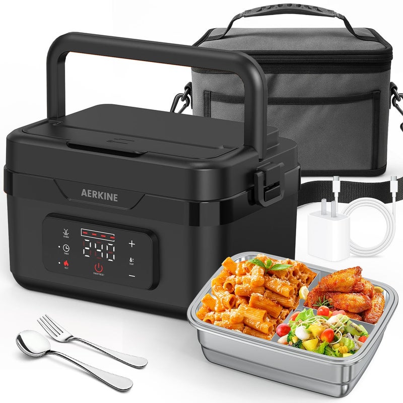 AERKINE Electric Lunch Box - Rechargeable 75W Self-Heating Food Warmer with 6.3 Cups(1.5L) Stainless Steel Container, Heated Lunch Box For Office, Picnic, Car & Outdoor Use(Black) - Image 1