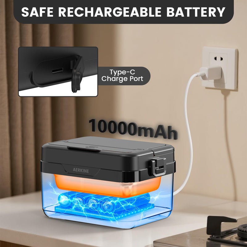 AERKINE Electric Lunch Box - Rechargeable 75W Self-Heating Food Warmer with 6.3 Cups(1.5L) Stainless Steel Container, Heated Lunch Box For Office, Picnic, Car & Outdoor Use(Black) - Image 3