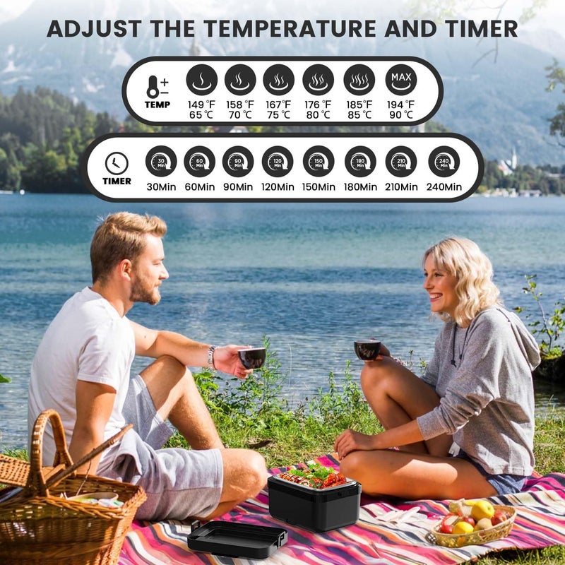AERKINE Electric Lunch Box - Rechargeable 75W Self-Heating Food Warmer with 6.3 Cups(1.5L) Stainless Steel Container, Heated Lunch Box For Office, Picnic, Car & Outdoor Use(Black) - Image 5
