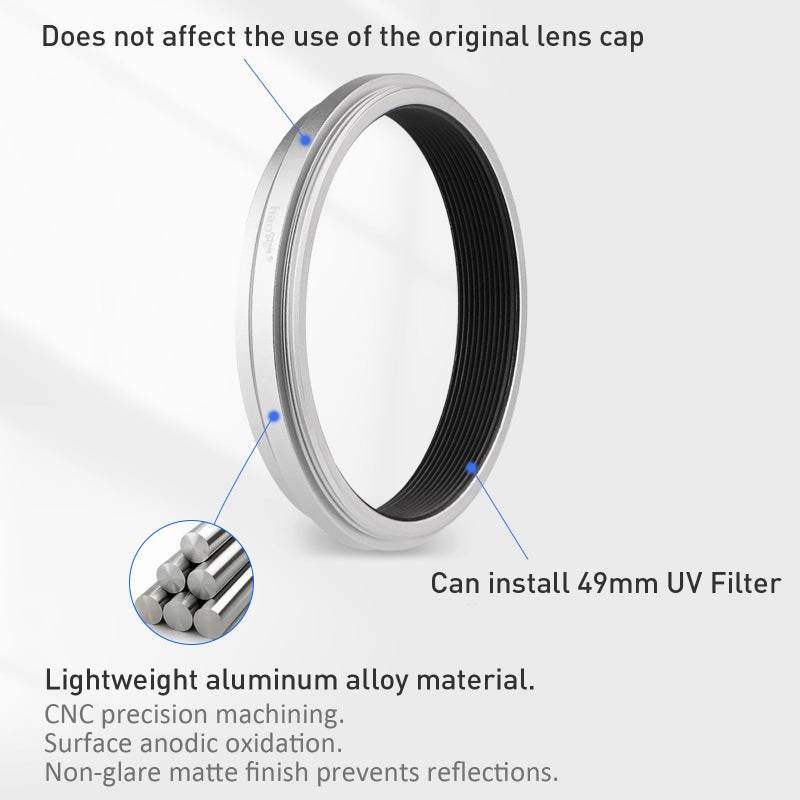 Haoge Lens Filter Adapter Ring for Fujifilm X100VI Fuji FinePix X100V Camera fit 49mm UV CPL ND Filter Lens Cap Replace Fujifilm AR-X100 Silver - Image 2