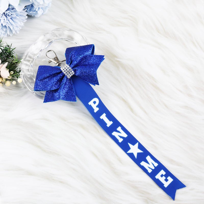 TUCEWP Cheer Pin Me Ribbon for Backpack Navy Blue Cheer Pin Strap Glitter Cheerleader Bow Keychain for Toddler Girls Rhinestones Cheerleader Gifts for Kids Daughter Bag Tag Clothes Pin Charms - Image 5