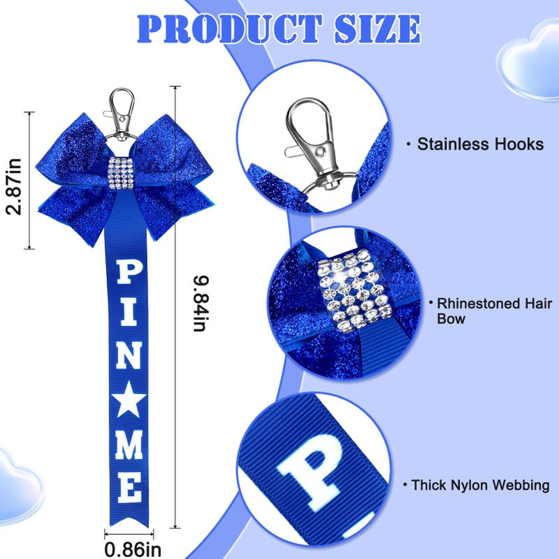 TUCEWP Cheer Pin Me Ribbon for Backpack Navy Blue Cheer Pin Strap Glitter Cheerleader Bow Keychain for Toddler Girls Rhinestones Cheerleader Gifts for Kids Daughter Bag Tag Clothes Pin Charms - Image 2