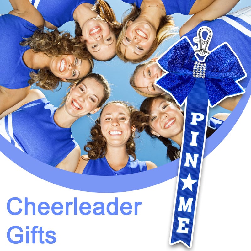 TUCEWP Cheer Pin Me Ribbon for Backpack Navy Blue Cheer Pin Strap Glitter Cheerleader Bow Keychain for Toddler Girls Rhinestones Cheerleader Gifts for Kids Daughter Bag Tag Clothes Pin Charms - Image 3