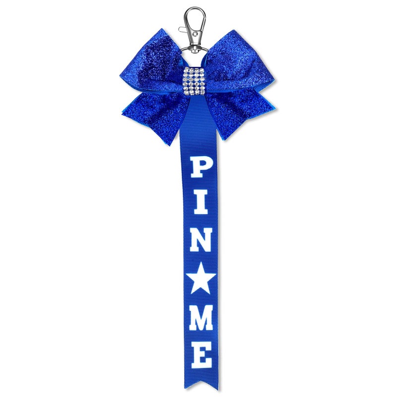 TUCEWP Cheer Pin Me Ribbon for Backpack Navy Blue Cheer Pin Strap Glitter Cheerleader Bow Keychain for Toddler Girls Rhinestones Cheerleader Gifts for Kids Daughter Bag Tag Clothes Pin Charms - Image 1