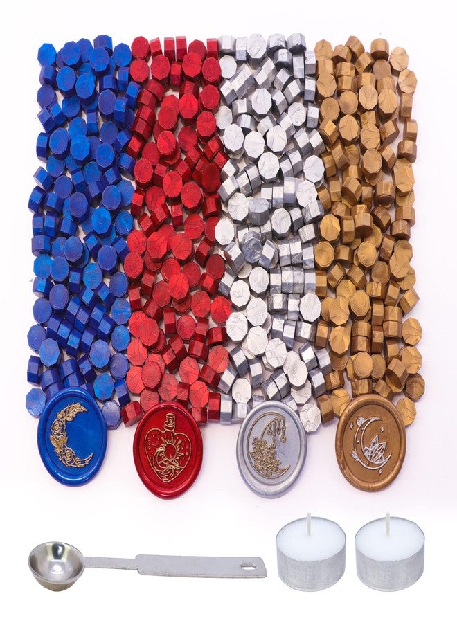 SWANGSA 360 Pieces Metallic Red Blue Silver Gold Sealing Wax Beads Kit with 2 Pieces Tea Candles and 1 Piece Wax Melting Spoon for Wax Seal Stamp (Mixed Color) - Image 1