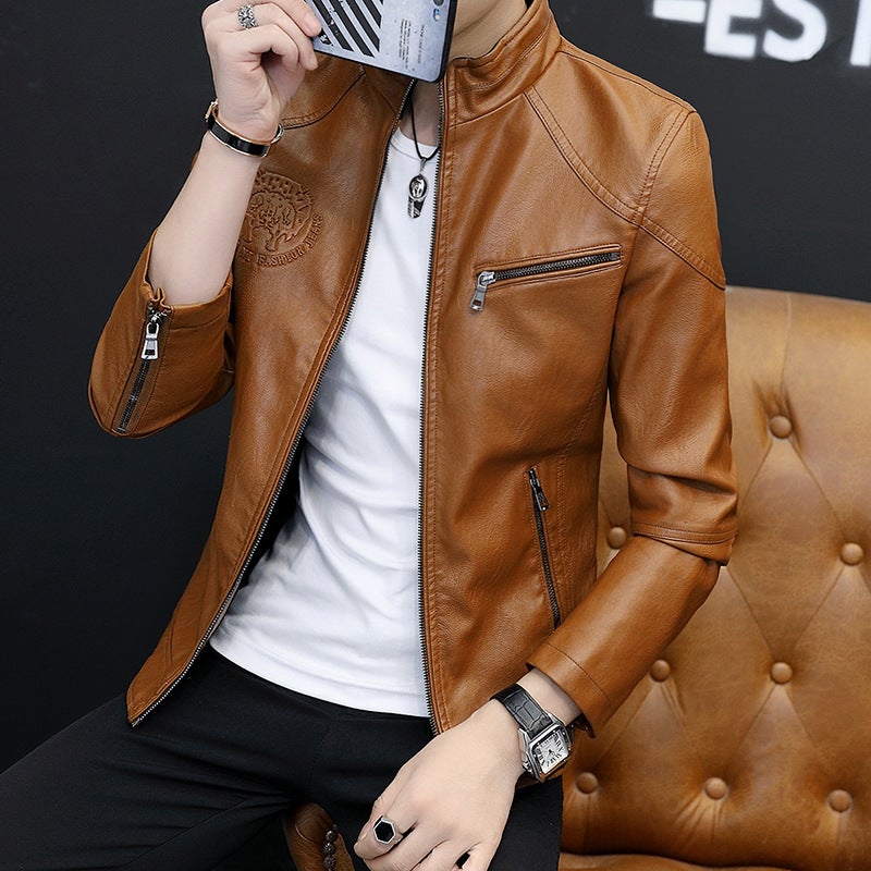 Men'S Leather Jacket Korean Style Slim-Fit Trendy Men'S Youth Handsome Casual Collar Leather Jacket With Fleece - Image 1