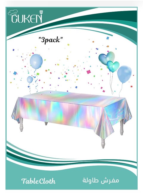 3 Pack Laser Iridescence Tablecloths, Holographic Foil Table Cloth for Parties, Weddings, And Events Disposable Plastic Rectangle Table Cover, 54x108in