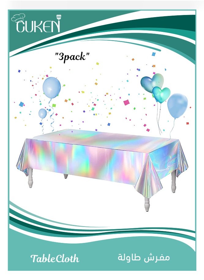 Cuken - 3 Pack Laser Iridescence Tablecloths, Holographic Foil Table Cloth for Parties, Weddings, And Events Disposable Plastic Rectangle Table Cover, 54x108in - Image 1