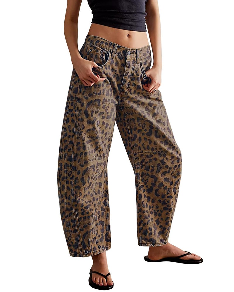 Kedera Women's Baggy Wide Leg Jeans Barrel Horseshoe Boyfriend Cropped Leopard Printed Denim Pants - Image 1