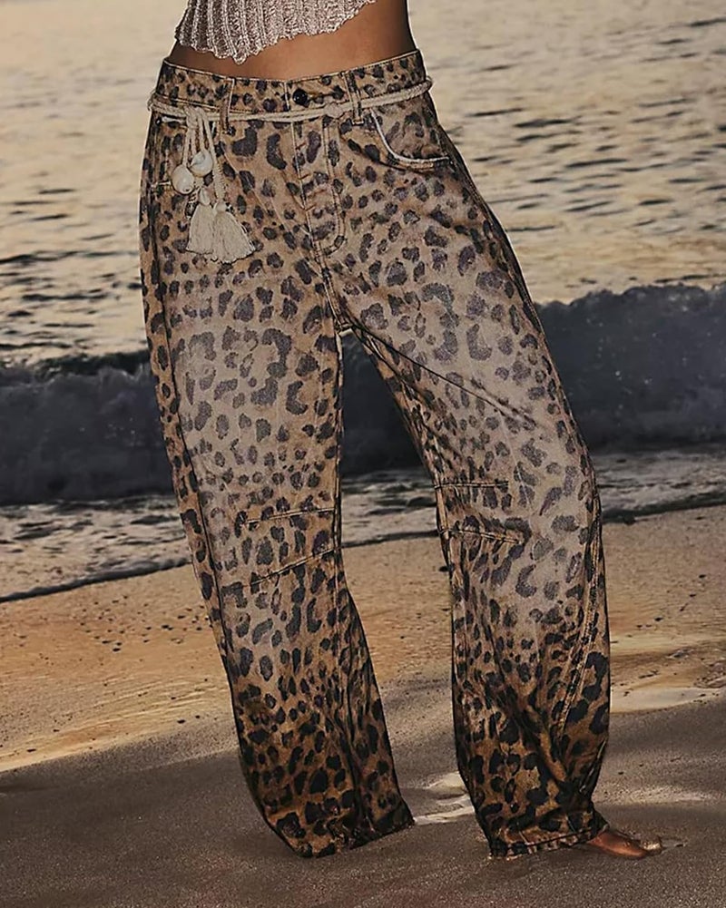 Kedera Women's Baggy Wide Leg Jeans Barrel Horseshoe Boyfriend Cropped Leopard Printed Denim Pants - Image 5
