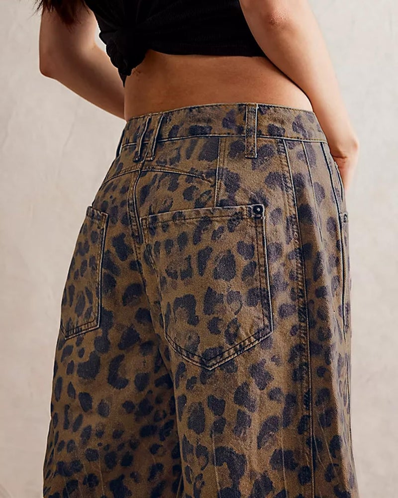 Kedera Women's Baggy Wide Leg Jeans Barrel Horseshoe Boyfriend Cropped Leopard Printed Denim Pants - Image 3