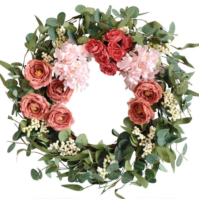TEMPUS 20 inches Artificial Pink Peony Wreath for Front Door Wreath with Hydrangea Green Leaves Valentines Mothers Day Decor Wall Wedding Party Home Decor Pink
