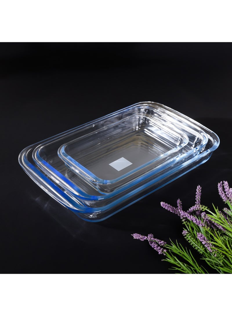 Royalford 3-Piece Borosilicate Rectangular Glass Baking Tray Set Clear Baking Tray 1, Baking Tray 2.2, Baking Tray 3Liters - Image 3