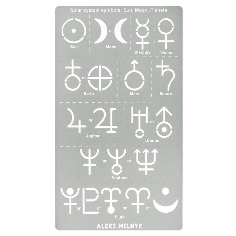 Aleks Melnyk No.413 Metal Stencil, Solar System Symbols, Sun, Moon, Planets, Small Stencil, 1 PCS, Template for Wood Burning, Engraving, Crafting, Scrapbook - Image 1