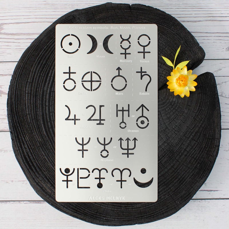 Aleks Melnyk No.413 Metal Stencil, Solar System Symbols, Sun, Moon, Planets, Small Stencil, 1 PCS, Template for Wood Burning, Engraving, Crafting, Scrapbook - Image 5