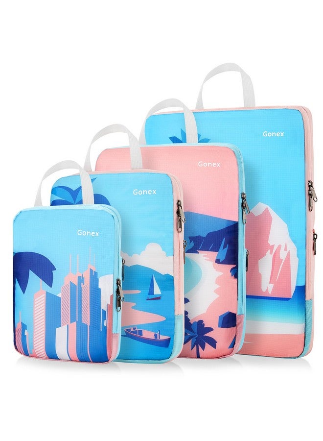 Gonex Compression Packing Cubes, 4pcs Expandable Storage Travel Luggage Bags Organizers, Travel Cubes for Suitcase Carry On (Coconut Palm) - Image 1