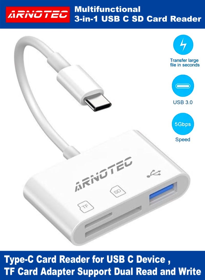 ARNOTEC قارئ بطاقات SD متعدد الوظائف 3 في 1 USB-C، محول USB 3.0 Type-C TF للهواتف، والأجهزة اللوحية، وأجهزة الكمبيوتر المحمولة – قراءة/كتابة مزدوجة، نقل بيانات سريع، توصيل وتشغيل، خفيف الوزن ومحمول (أبيض) - Image 1