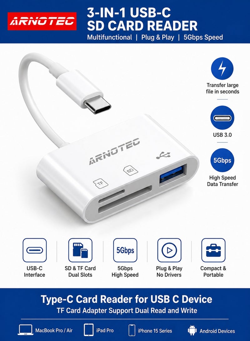 ARNOTEC Multifunctional 3-in-1 USB-C SD Card Reader, USB 3.0 Type-C TF Adapter for Phones, Tablets, Laptops – Dual Read/Write, Fast Data Transfer, Plug & Play, Lightweight & Portable (White) - Image 1