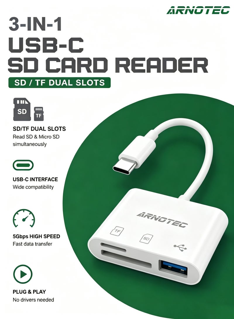 ARNOTEC Multifunctional 3-in-1 USB-C SD Card Reader, USB 3.0 Type-C TF Adapter for Phones, Tablets, Laptops – Dual Read/Write, Fast Data Transfer, Plug & Play, Lightweight & Portable (White) - Image 1