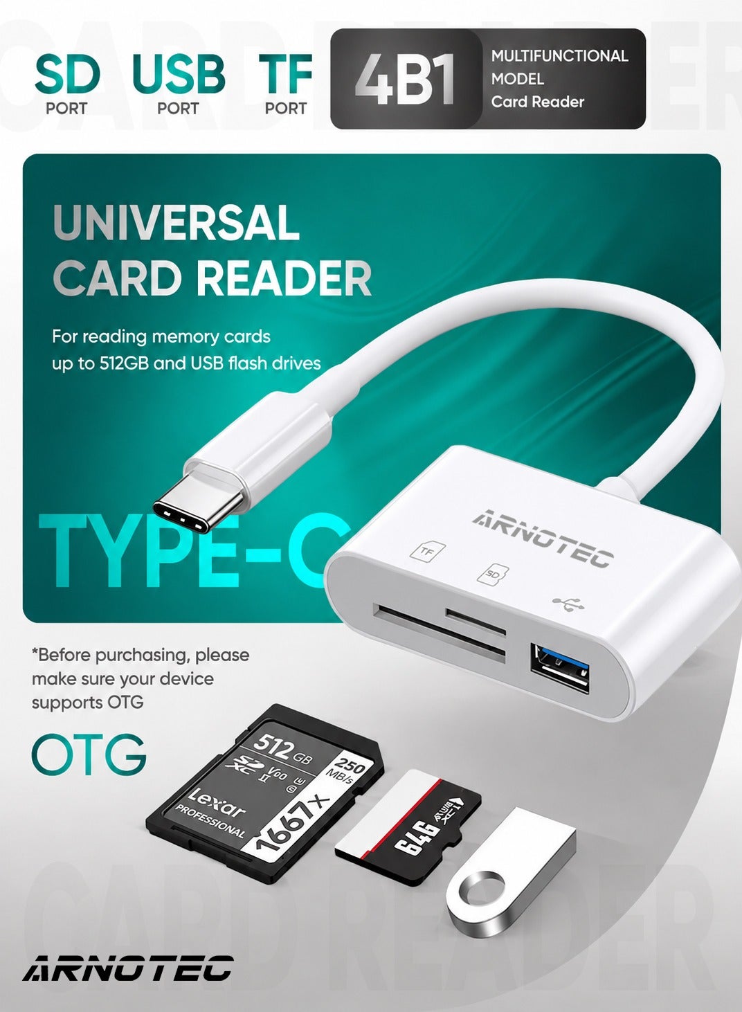 أرنوتيك Arnotec Multifunctional 3 In 1 Usb C Sd Card Reader white