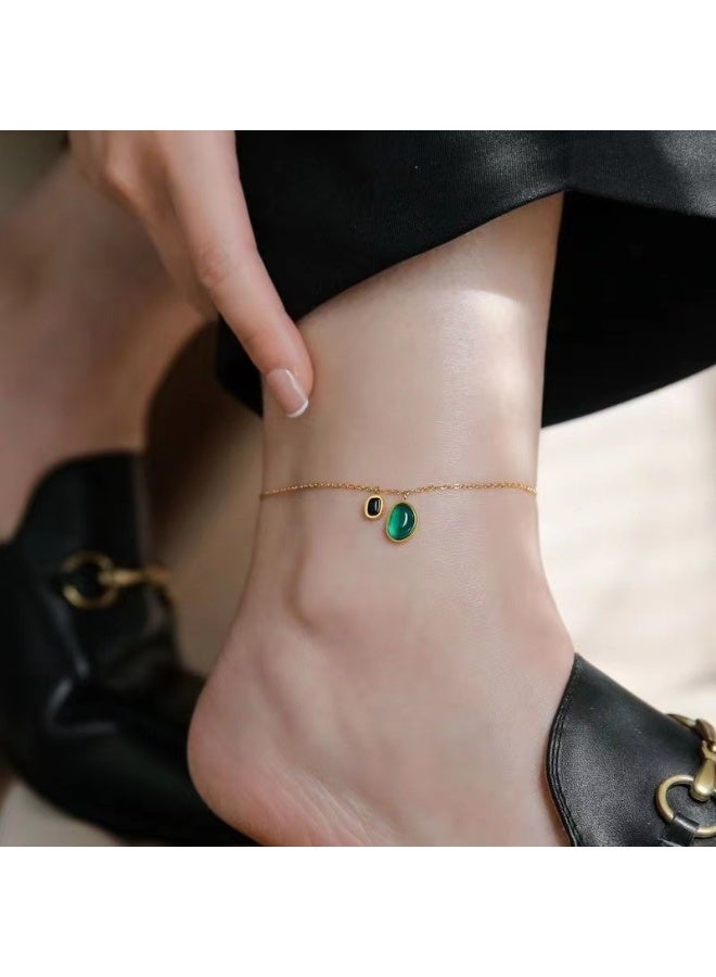 XIXI 14K Gold-Plated Dainty Anklet for Women, Minimalist Oval Emerald-Green Gemstone & Black Onyx Charm - Image 1