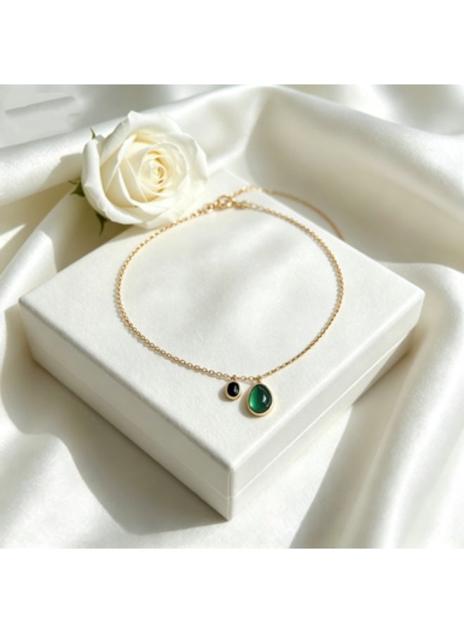 XIXI 14K Gold-Plated Dainty Anklet for Women, Minimalist Oval Emerald-Green Gemstone & Black Onyx Charm - Image 2