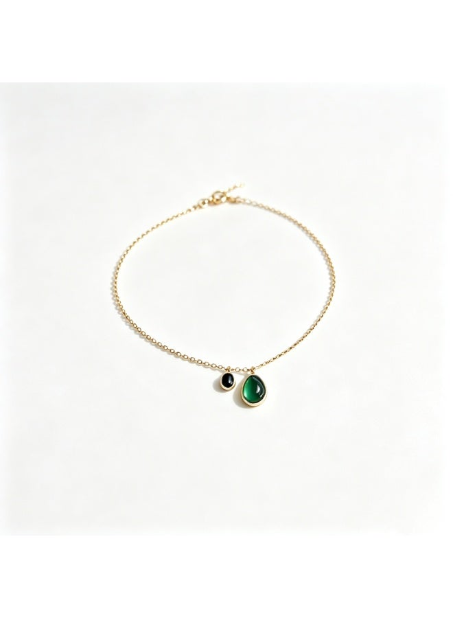 XIXI 14K Gold-Plated Dainty Anklet for Women, Minimalist Oval Emerald-Green Gemstone & Black Onyx Charm - Image 3