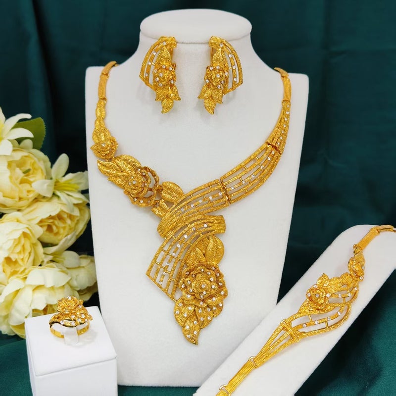 24K Gold Plated Jewelry Set for Women - Necklace, Bracelet, Earrings, Ring - Bridal Wedding Party Collection
