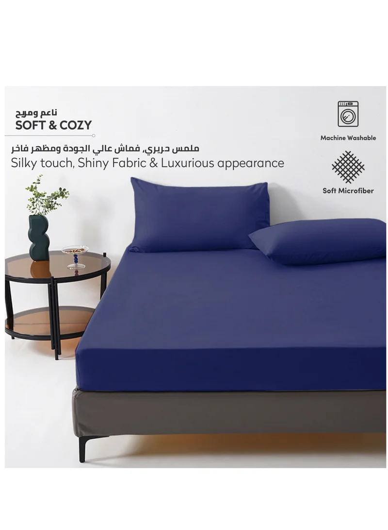Donetella Bedding Fitted Sheet: 3-Pcs King Size Solid Sheet With Pillowcases Set and Soft-Silky 35 Cm Extra Deep Brushed Microfiber Cooling Bed Sheet,Nile Blue