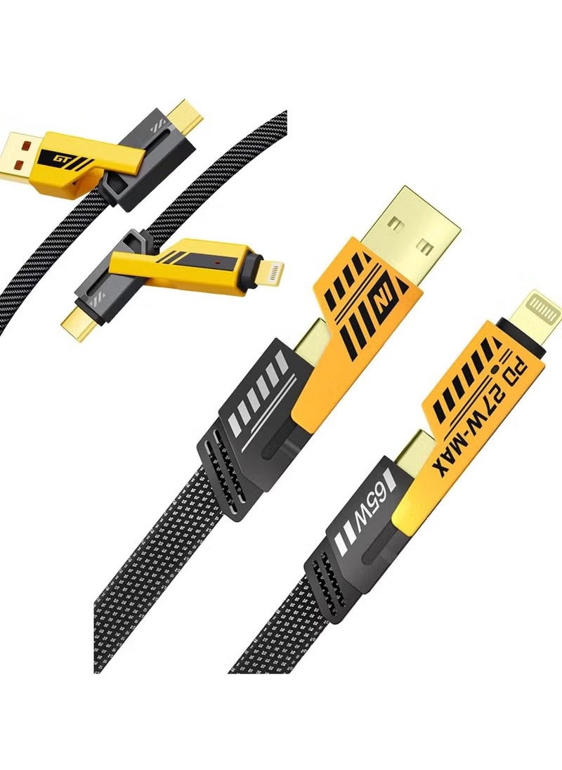 Generic - 4 in 1 USB C to USB C Fast Charging Cable (65W) with Built-in USB A and Lightning Connector (27W), Flat and Fast Charging Cable - Image 1