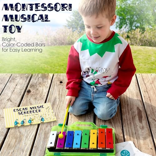 MINIARTIS Glockenspiel Xylophone | Educational Music Toys for Toddlers | 8 Notes Colorful Resonator Bells for Kids with 15 Songbook & Green Case | Great Birthday Gift for Children - Image 3