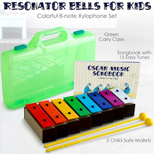 MINIARTIS Glockenspiel Xylophone | Educational Music Toys for Toddlers | 8 Notes Colorful Resonator Bells for Kids with 15 Songbook & Green Case | Great Birthday Gift for Children - Image 2