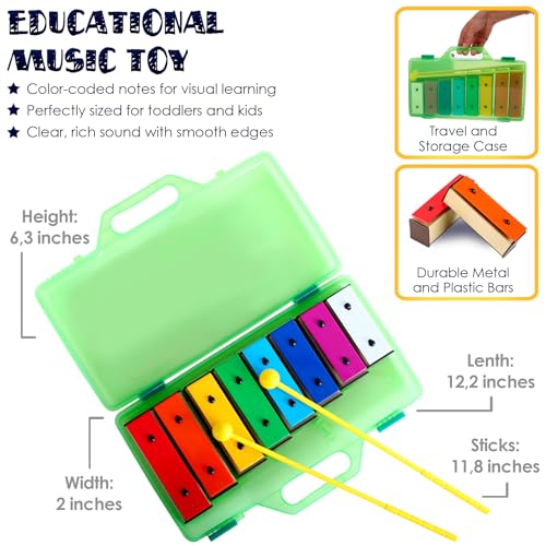 MINIARTIS Glockenspiel Xylophone | Educational Music Toys for Toddlers | 8 Notes Colorful Resonator Bells for Kids with 15 Songbook & Green Case | Great Birthday Gift for Children - Image 4