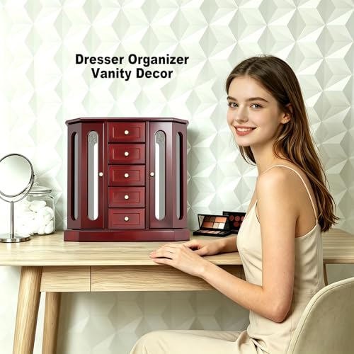 RR ROUND RICH DESIGN Vintage Jewelry Armoire with Mirror - Solid Wood Jewelry Box Organizer with 5 Drawers & 2 Glass Doors - Large Capacity Desktop Dresser Case for Rings, Earrings, Necklaces Brown - Image 4