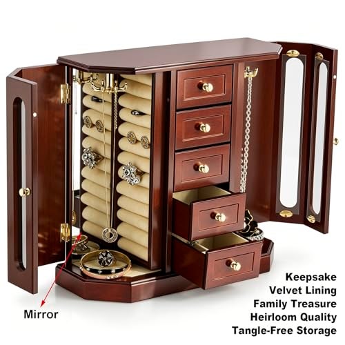 RR ROUND RICH DESIGN Vintage Jewelry Armoire with Mirror - Solid Wood Jewelry Box Organizer with 5 Drawers & 2 Glass Doors - Large Capacity Desktop Dresser Case for Rings, Earrings, Necklaces Brown - Image 5