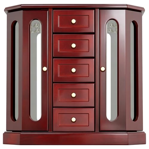 RR ROUND RICH DESIGN Vintage Jewelry Armoire with Mirror - Solid Wood Jewelry Box Organizer with 5 Drawers & 2 Glass Doors - Large Capacity Desktop Dresser Case for Rings, Earrings, Necklaces Brown - Image 1