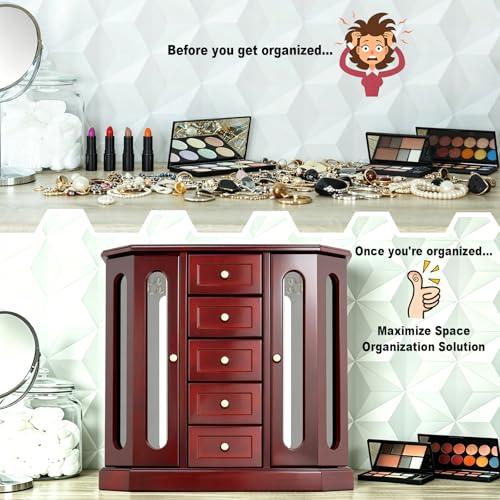 RR ROUND RICH DESIGN Vintage Jewelry Armoire with Mirror - Solid Wood Jewelry Box Organizer with 5 Drawers & 2 Glass Doors - Large Capacity Desktop Dresser Case for Rings, Earrings, Necklaces Brown - Image 3