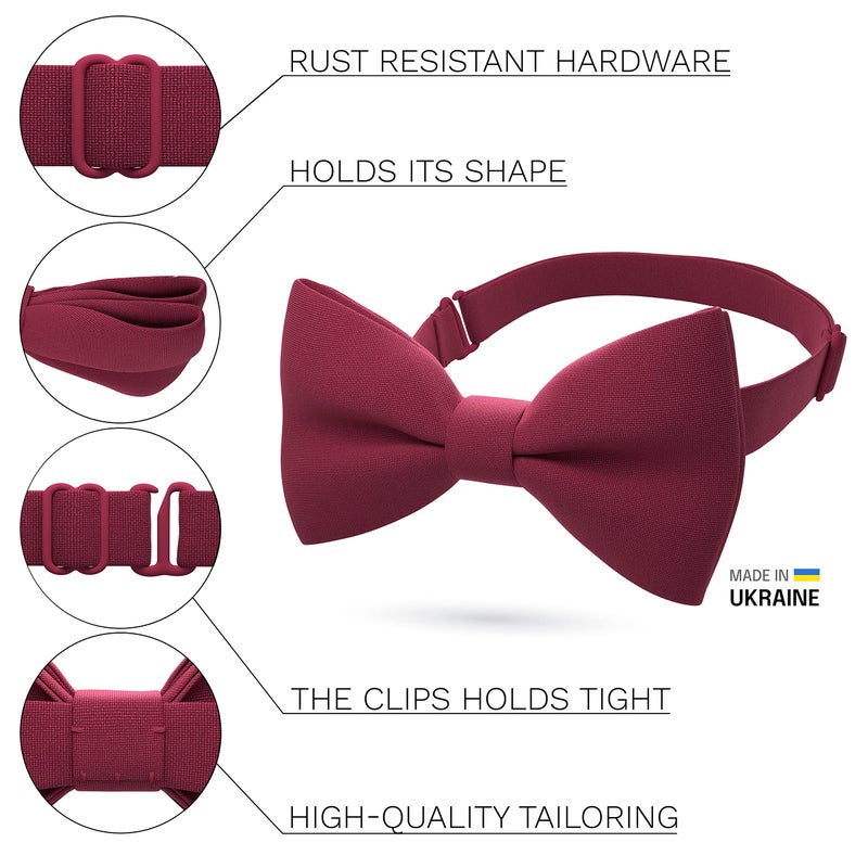 Bow Tie House Dark Red Mens Bow Tie for Men Bow Ties Gabardine Material for Adults Big Bowtie, Men Bowties Formal Pre-Tied Fabric Clip on Shape in Solid Handmade Colors for Prom & Wedding (Large, Deep Red) - Image 2