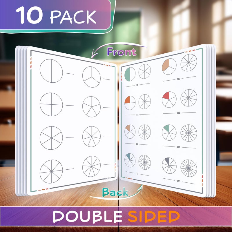 SCRIBBLEDO Fraction Manipulatives 9â€x12â€ Small White Board Dry Erase Sheets Math Manipulatives 1st Grade Students 2nd Grade Fractions Homeschool Supplies Teacher Classroom Pack of 10 Sheets - Image 3