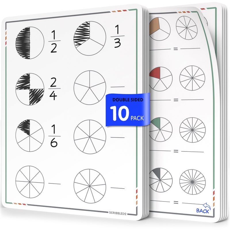 SCRIBBLEDO Fraction Manipulatives 9â€x12â€ Small White Board Dry Erase Sheets Math Manipulatives 1st Grade Students 2nd Grade Fractions Homeschool Supplies Teacher Classroom Pack of 10 Sheets - Image 1