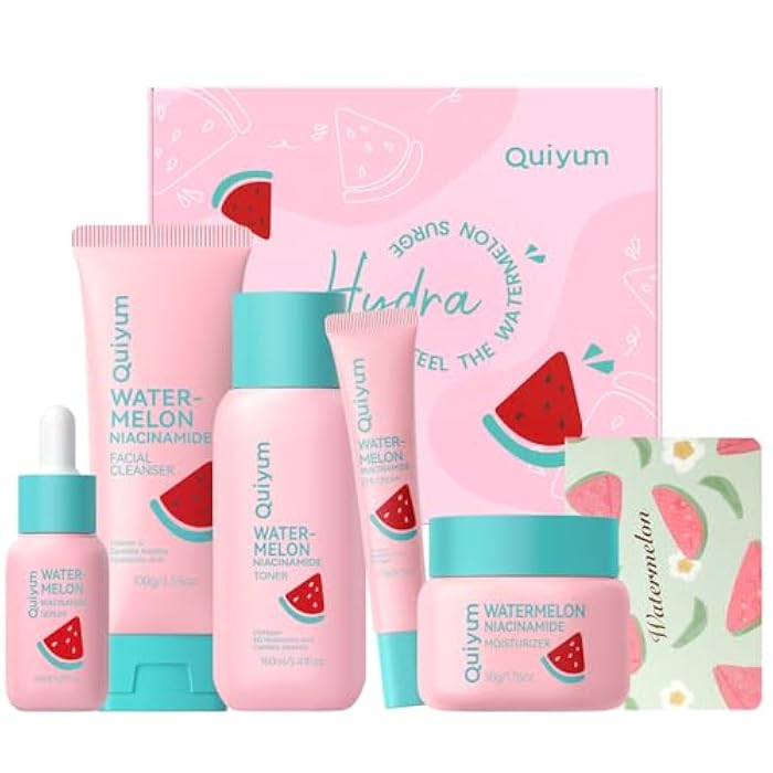 QUIYUM Watermelon Niacinamide Skin Care Set, Routine Beauty Skin Care for Teens- Gift Set with Cleanser, Toner, Eye Cream, Cream, Serum, Facial Glow Up Set for Women, Girls, Travel Sets, for All Skin Types - Image 1