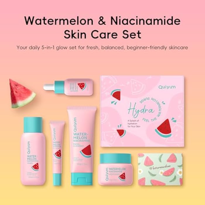 QUIYUM Watermelon Niacinamide Skin Care Set, Routine Beauty Skin Care for Teens- Gift Set with Cleanser, Toner, Eye Cream, Cream, Serum, Facial Glow Up Set for Women, Girls, Travel Sets, for All Skin Types - Image 2