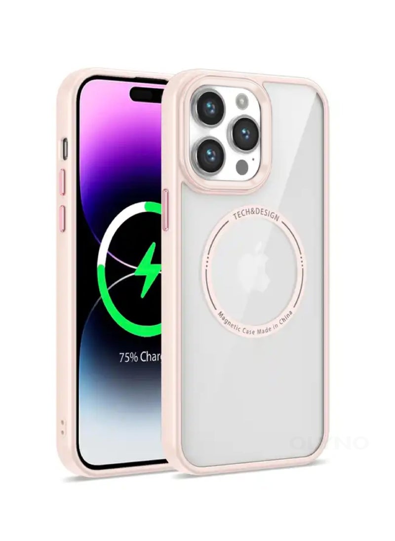 OLYNO MagMight iPhone 14 Pro Max Slim MagSafe Back Case With Wireless Charging Shockproof Anti-Fingerprint Scratch-Proof And Pink Edges  - Image 1